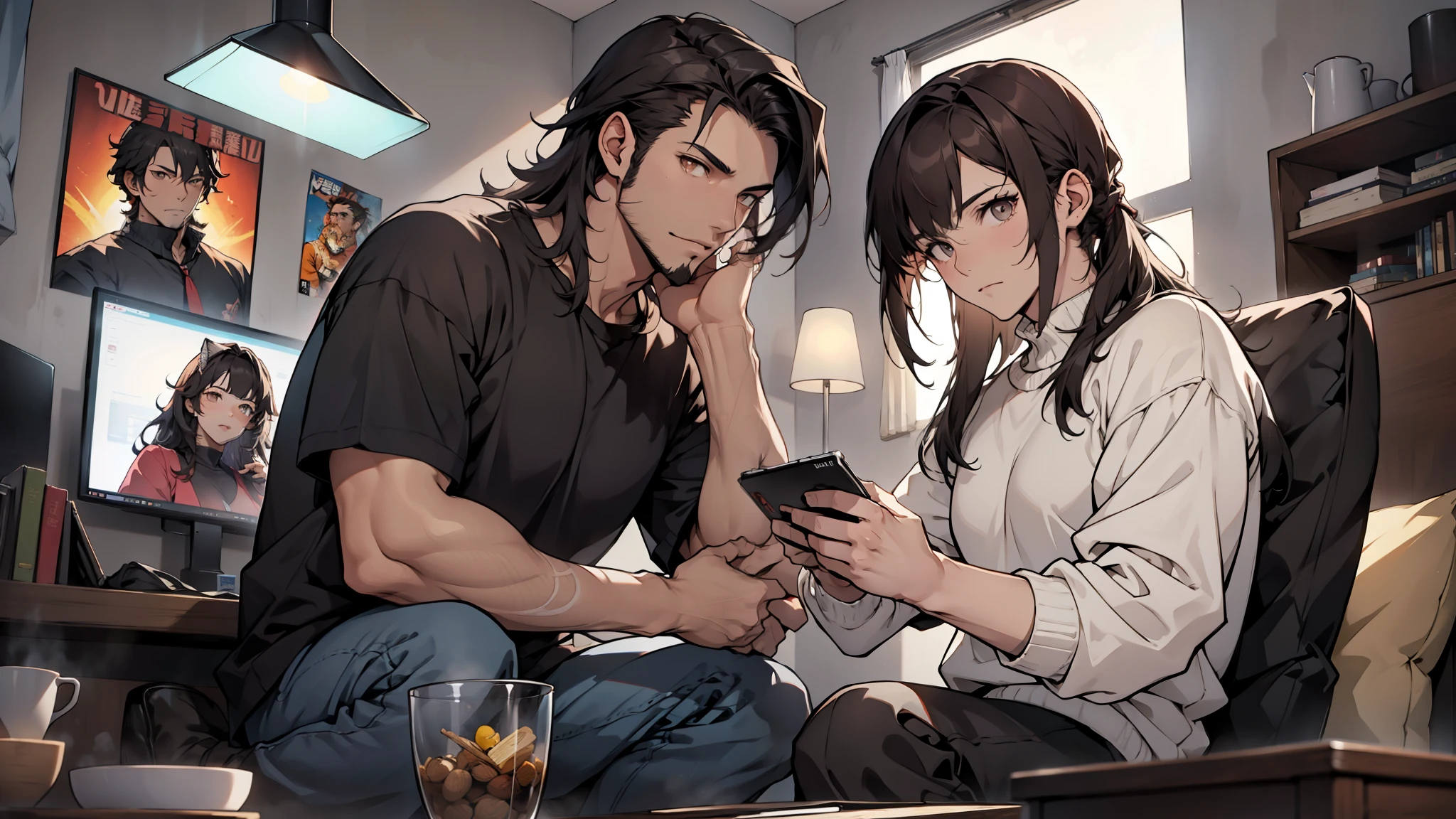 (Junkotvv a girl con orejas de gato) and (neocruz a boy con barba y sin orejas de gato), playing video games together in a room full of 80s style anime and posters in neon tones with video game controllers in their hands and enjoying