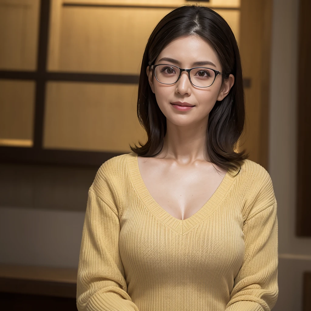 8K, Highest quality, masterpiece, Realistic, Realistic, Super detailed, Natural light, Shapely breasts, Her cleavage is visible, 1 person, 35-year-old woman, Black Hair, Beaver, Straight hair, Silver-rimmed glasses, (Look at the viewers), meanwhile, Light yellow knitted V-neck shirt, Highly detailed face and skin, Fine grain, Highly detailed face and skin