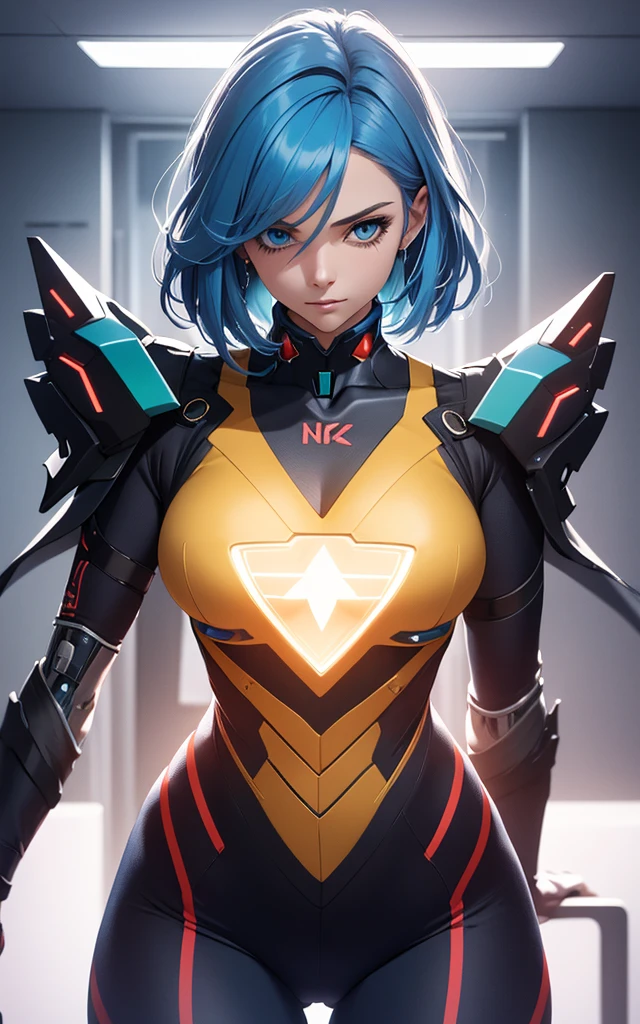 (((Adult Woman))), ((Best Quality)), ((masutepiece)), (Detailed: 1.4), (Absurd), Genesis evangelion neon style clothing, 2-piece clothing, bobhair, arm tatoo, cybernetic hands, pastel, Centered, scale to fit the dimensions, nffsw (High dynamic range),Ray tracing,NVIDIA RTX,Hyper-Resolution,, Anisotropy Filtering, Multilayer textures, accurate simulation of light and material interactions, Perfect proportions, Octane Render, Two-tone lighting, Wide aperture, Crysisnanosuit,Blue hair, Blue eyes, Hyper Realistic