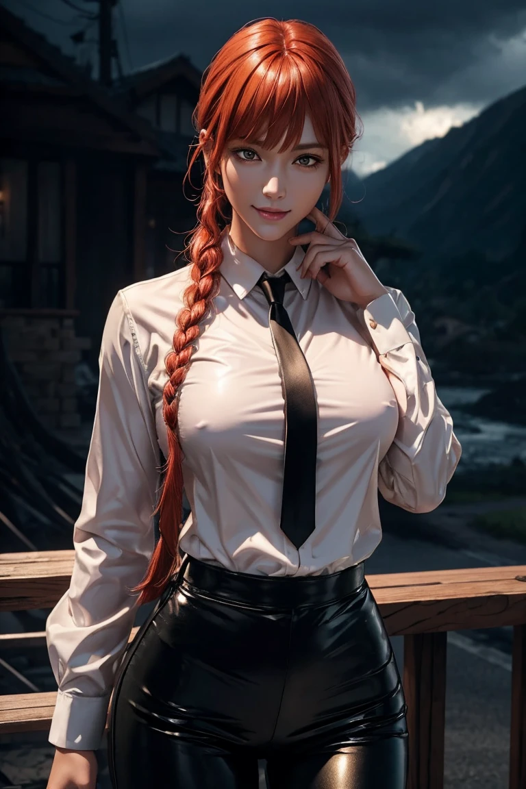 Chainsaw Man,Makima,With bangs,Red Hair,Braids at the back,Golden Eyes,White long sleeve shirt,Black tie,Black Leather Pants,Ultra HD,super high quality,masterpiece,Digital SLR,Photorealistic,Detailed details,Vivid details,Depicted in detail,A detailed face,Detailed details,Super Detail,Realistic skin texture,Anatomical basis,Perfect Anatomy,Anatomically correct hand,Anatomically correct fingers,Complex 3D rendering,Sexy pose,Rainy Sky,Beautiful scenery,Fantastic rainy sky,Picturesque,Pink Lips,smile,