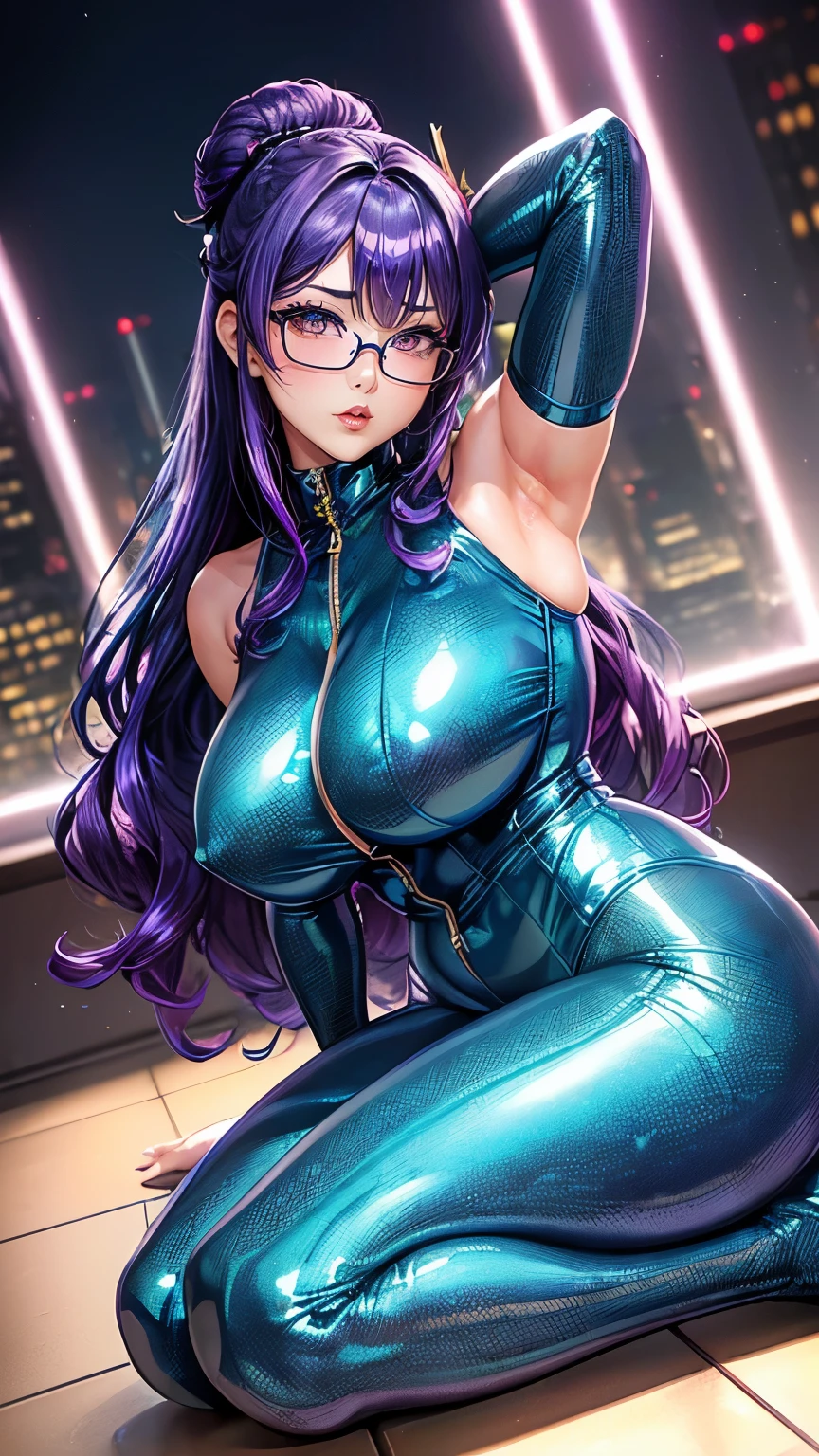 Chinese Idol Mature Woman 50 talents Huge boobs ((Shiny enough to reflect light、Front zipper full body suit and tights made in super shiny turquoise metallic.)) Chunli plump Super shiny metallic fishnet stockings ((Purple hair with bangs 2 chignon)) ((Wavy Hair)) Red cheeks ((Glasses)) ((Skyscraper rooftops at night with cyberpunk lighting)) Sweaty Sweaty ((A mature woman full of pheromones)) Obscene gaze Sexy Face (Gorgeous makeup) ((鮮やかな赤いルージュのplump唇)) ((Being stared at provocatively from the front)) Voluptuous mature woman Duck mouth plump lips (Sit upright with your legs apart) Hands behind head Armpit Depicted from below