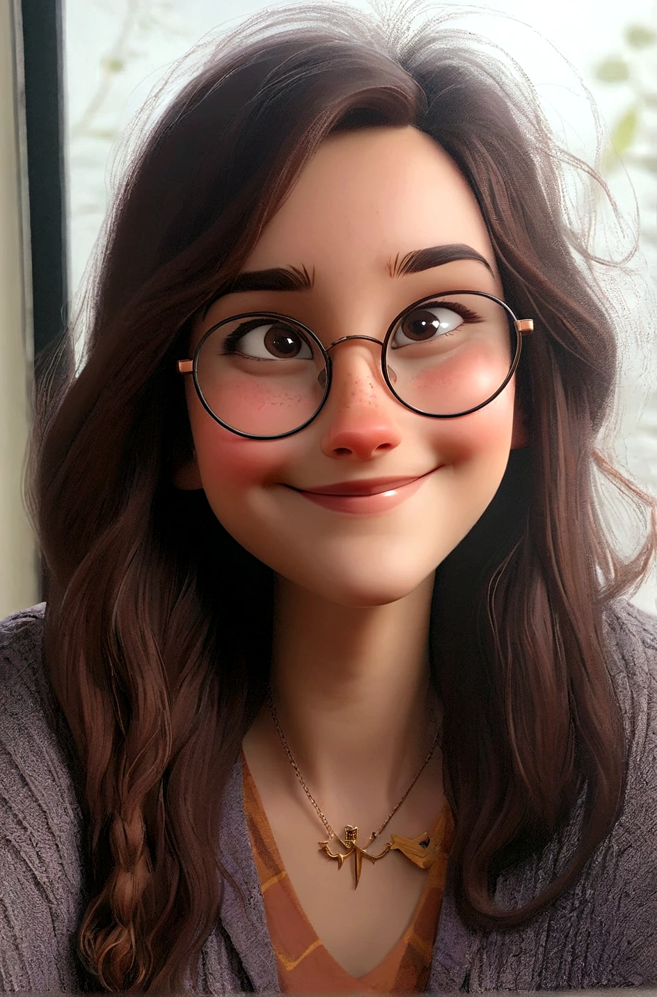 arafed woman with glasses and a necklace smiling at the camera, headshot profile picture, emily rajtkowski, girl wearing round glasses, girl with glasses, slightly smiling, front portrait, taken in the early 2020s, she wears harry potter glasses, headshot of young female furry, looking straight to camera, cute slightly nerdy smile, wearing small round glasses