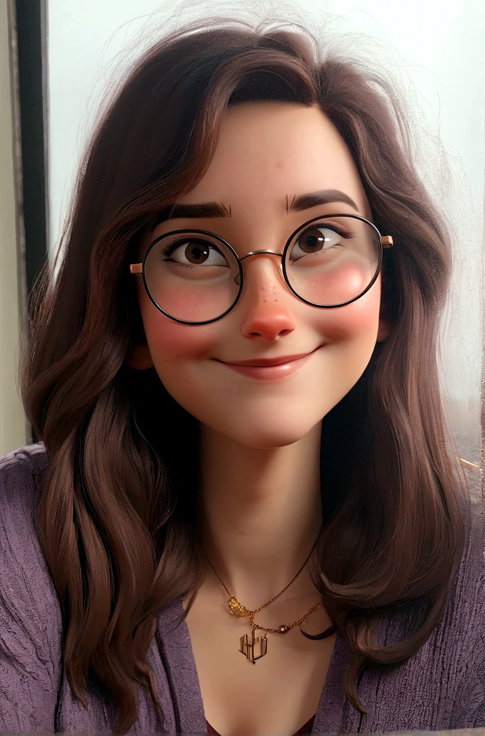 arafed woman with glasses and a necklace smiling at the camera, headshot profile picture, emily rajtkowski, girl wearing round glasses, girl with glasses, slightly smiling, front portrait, taken in the early 2020s, she wears harry potter glasses, headshot of young female furry, looking straight to camera, cute slightly nerdy smile, wearing small round glasses
