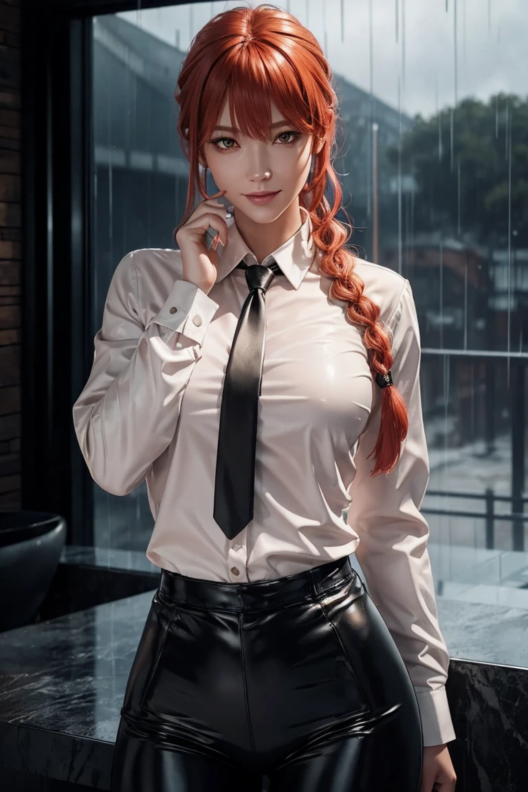 Chainsaw Man,Makima,With bangs,Red Hair,Braids at the back,Golden Eyes,White long sleeve shirt,Black tie,Black Leather Pants,Ultra HD,super high quality,masterpiece,Digital SLR,Photorealistic,Detailed details,Vivid details,Depicted in detail,A detailed face,Detailed details,Super Detail,Realistic skin texture,Anatomical basis,Perfect ???????,Anatomically correct hand,Anatomically correct fingers,Complex 3D rendering,Sexy pose,Rainy Sky,Beautiful scenery,Fantastic rainy sky,Picturesque,Pink Lips,smile,