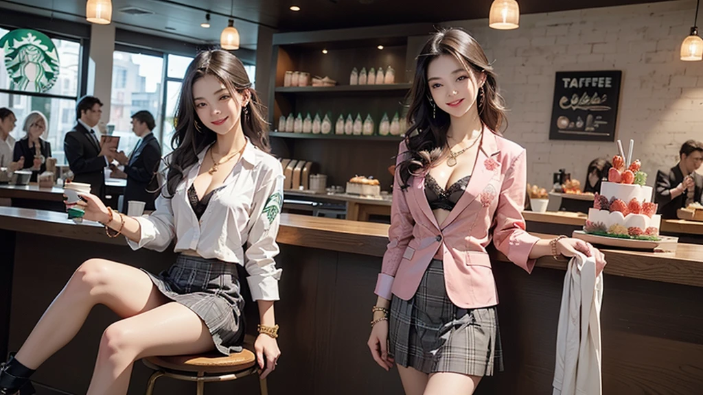 8K、RAW Photos、Highest quality、Super detailed、Super Resolution、Ultra HD、8K壁紙、Amazing details blazer uniform girl ((White blouse with formal collar, Pink Blazer,
Black plaid skirt, Red checkered ribbon on blouse)), Complete limbs, Full Finger,
(((((Inside the Starbucks store)))))、((16 year old female student))、(((((Eat cake、Drink coffee、smile)))))、(((Heart Necklace、Gold bracelet)))
(((Emphasize cleavage)))
((((Woman sitting at the window seat))))
(((Full body photo、The whole body is visible、Full body portrait)))
((((I can see the flower patterned bra))))