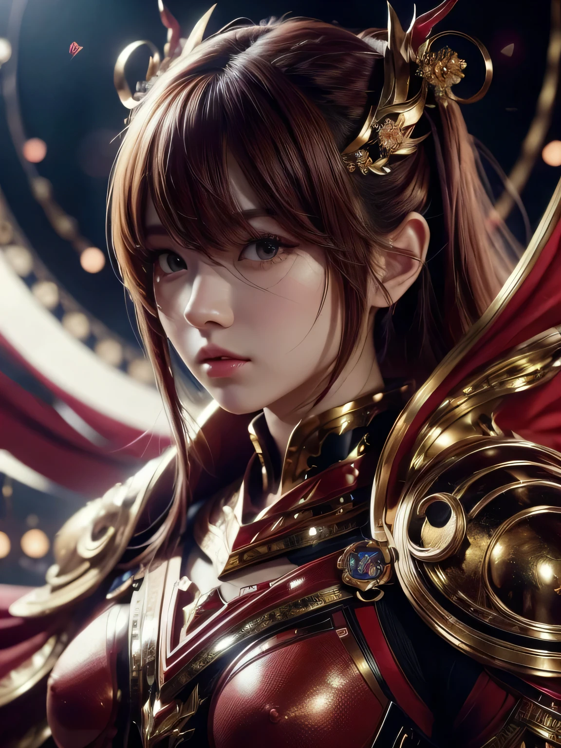 (high quality), (masterpiece), (detail), 8K, Hyper-realistic depiction of a futuristic Japanese character (1girl1.2), decked out in elaborate red armor. Meticulous detail captures the perfect blend of tradition and innovation in this stunning visual composition. Trending on Artstation. beautiful and sexy woman, brown hair