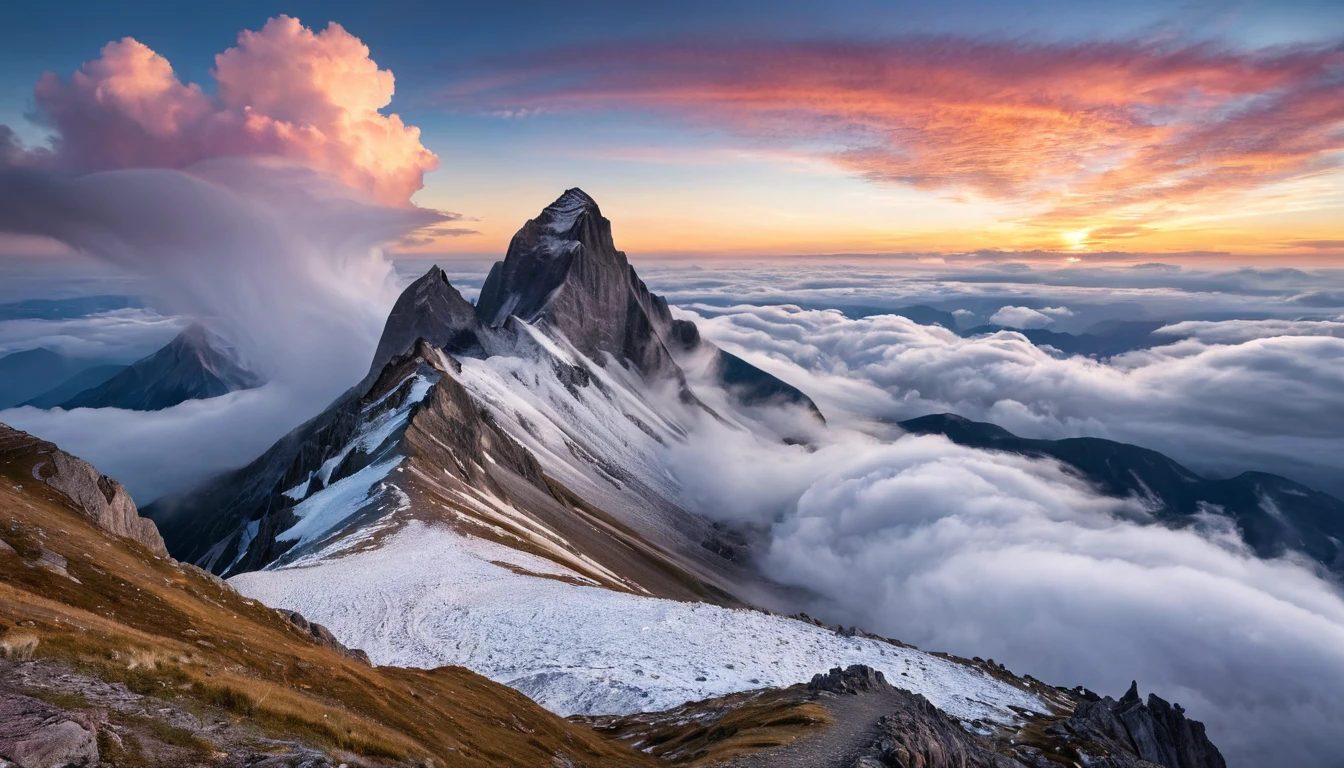A surreal mountain with dream-like elements and ethereal light. The sky is filled with fantastical clouds and the landscape is whimsical and otherworldly.