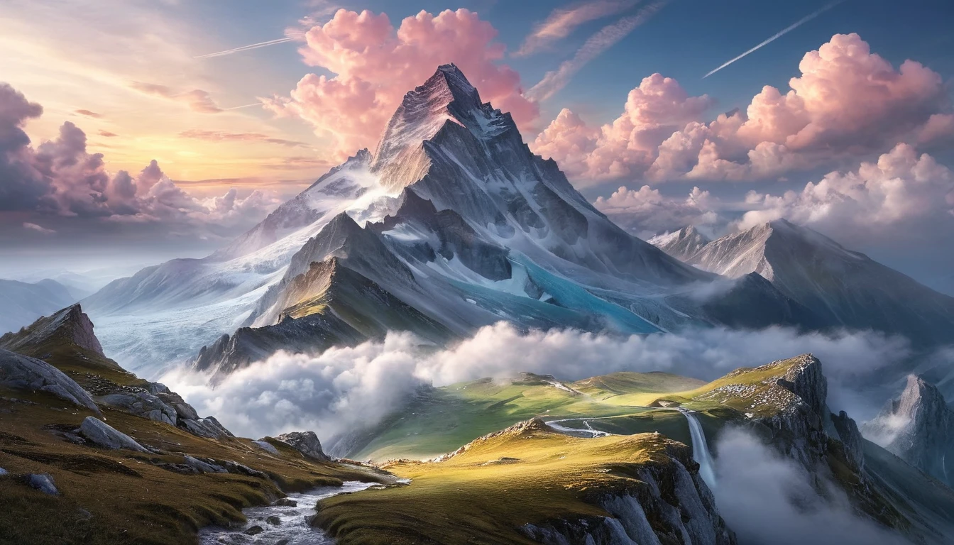 A surreal mountain with dream-like elements and ethereal light. The sky is filled with fantastical clouds and the landscape is whimsical and otherworldly.