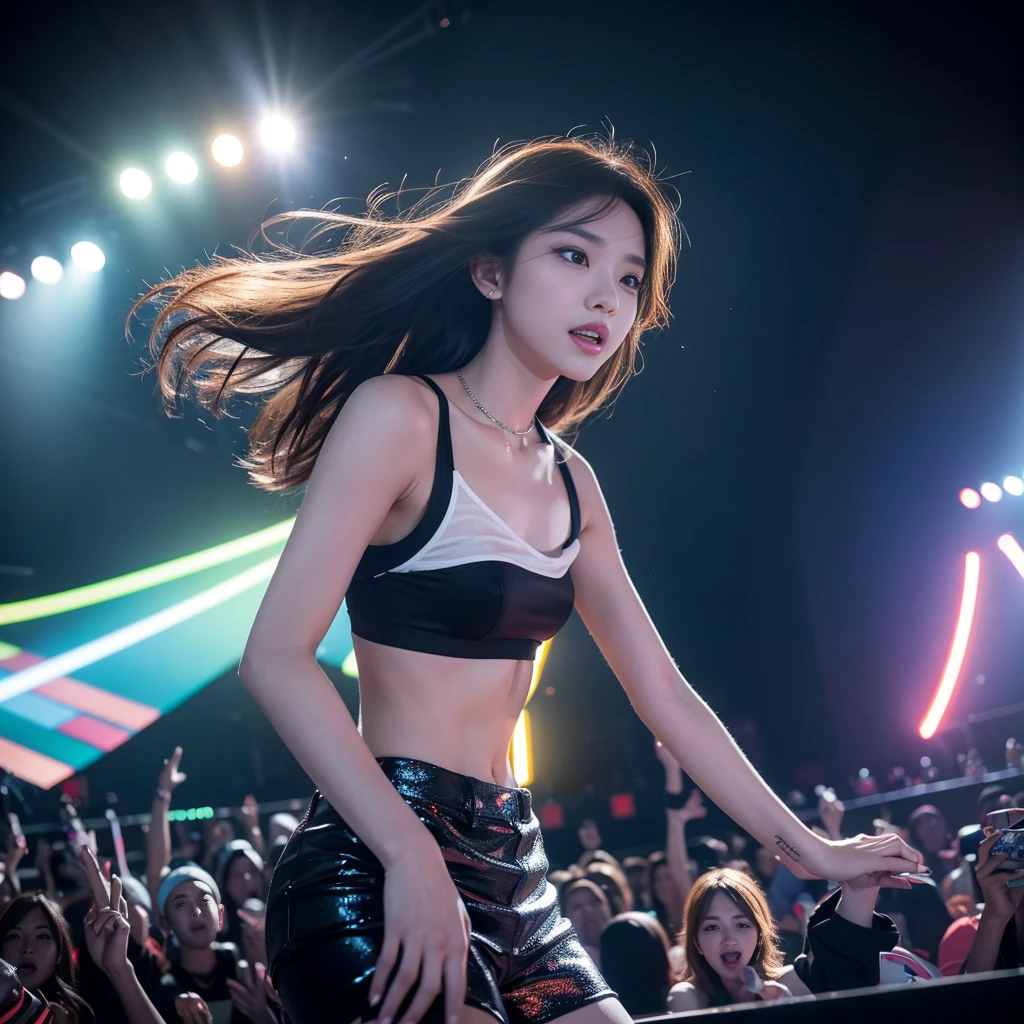 K-pop idols performing on stage, black short tight dresses, song performance, Kpop girl group, riotous atmosphere, stage above the hall, (best quality, 8k, 16k, highres, masterpiece:1.2), ultra-detailed, (realistic, photorealistic, photo-realistic:1.37), professional, (music:1.1, performance:1.1), dynamic lighting, (moving lights:1.1, spotlights:1.1), energetic performance, powerful vocals, enthusiastic audience, dazzling stage effects, high-energy atmosphere, (excitement, adrenaline:1.1), charismatic lead vocalist, flawless stage presence, passionate performance, vibrant stage background, (cheering audience:1.1, waving light sticks:1.1), electrifying atmosphere, captivating stage presence, (explosive, high-intensity:1.1), (pop music, catchy melodies:1.1), crowd interaction, (empowering lyrics, motivational messages:1.1).