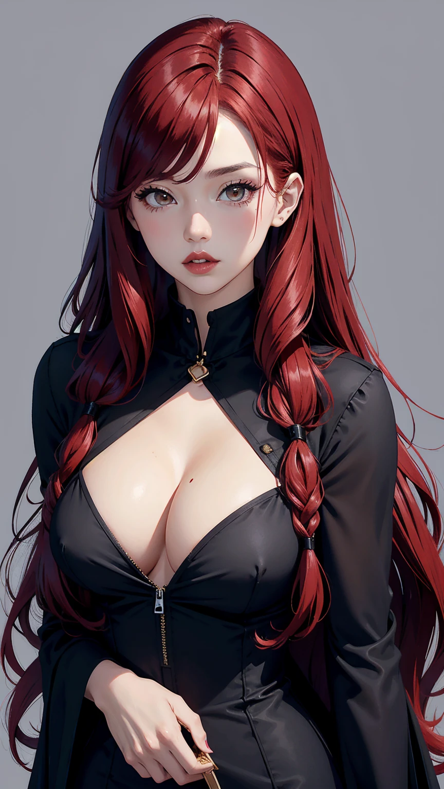 1 babe, red hair, long hair, black dress, sexy, large breasts, parted lips