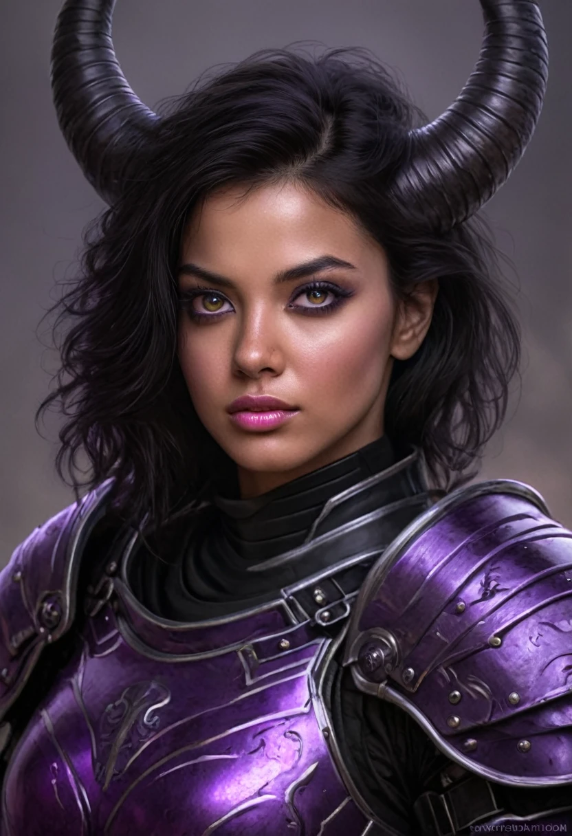 a portrait of a beautiful human woman in her early 20s with bright violet eyes, BRIGHT VIOLET EYES, long black ram horns, wolf cut black hair, tan skin, angular features, bright violet eyes, wearing fine medieval black armor without a helmet, character portrait by senior character artist, Artstation, fantasy art, stunning character art, fantasy concept art portrait, bright violet eyes, epic exquisite character art, character portrait art, fantasy character portrait, fantasy female portrait, bright violet eyes, character concept art portrait, character art portrait, beautiful woman, (muted natural colors: 1.3), 1 critical role, human ears, muscular, bright yellow eyes, wearing fine medieval black armor without a helmet, evil female sorcerer, bright violet eyes, bright violet eyes