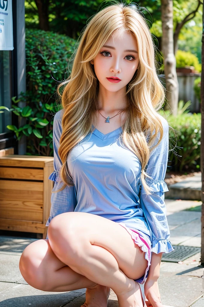 Japanese women、18-year-old、high school girl、Kitagawa Marin、Beautiful and beautiful eyes, (Blonde hair with pink mesh:1.3), Piercing in left ear, (Pink eye contact lenses:1.2), (((Female dog、Sexy Female dog、Super heavy makeup,ga yaru makeup))), ((Nipples)), ((Highest quality)), ((Slender body)), Light blue checkered mini pleated skirt、Light blue loose tie、White Y-shirt、(((超Realistic)), irrational solution, The Law of Perspective, Very detailed, Realistic, 1 Girl, ((Saggy big breasts)), Perfect hands, Finger details, (nude:1.2), Detailed Background, choker, Perfect Eyes, Captivating eyes, Looking at the audience, from the front、はにかんだsmile、Moles around the mouth、Embarrassed look, (((( M-shaped feet, please look )))), (Please spread your legs wide and show me: 1.5), 本物のNipples, Genuine open, Browsing Caution, (erupt from pussy:1.2),(erupt:1.2),(A puddle of pussy juice:1.15)(smile:0.7)、((shot))、((Crotch close-up:1.2))、((Pictures that emphasize pussy))、Real Pussy