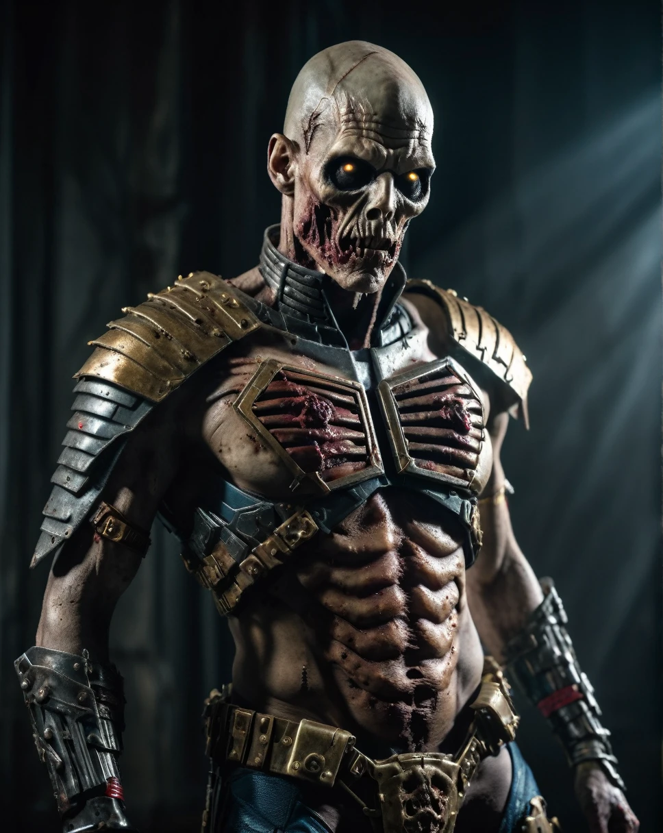 whole body (portraite:0.7) Photograph of (undead zombie:1.1) (zombified:1.2) (armored:0.7) super man, (apodrecendo:1.1), (putrid:1.1), (deteriorated:1.1), (dehydrated:1.1), (mummified:1.1), cinematic lighting, perfect composition, chic, no crop, 4K, sharp focus, work of art, contra-luz, cinematic, cyber punk, photorrealistic, Blade runner, Action, moody lighting