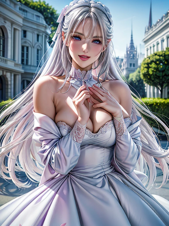 masterpiece, Great work, Daytime, Outdoor, Falling Flowers, White Dress, 1 Girl, Perfect Woman, Woman with long silver and white hair, Gray Blue Eyes, Pale pink lips, cold, Severe, Van, Purple eyes, White clothes, Black Apparel Line, Delicate face, Beautiful Face, Standing Bow, Tassel, The knot of happiness, smile