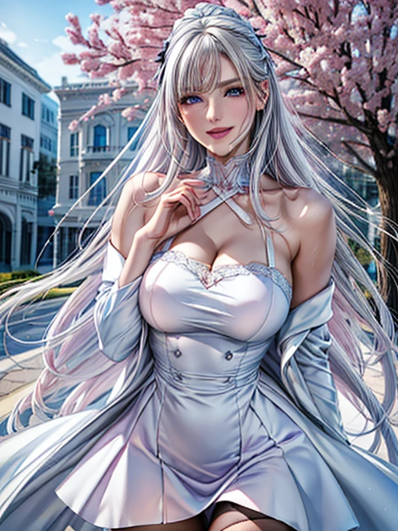 masterpiece, Great work, Daytime, Outdoor, Falling Flowers, White Dress, 1 Girl, Perfect Woman, Woman with long silver and white hair, Gray Blue Eyes, Pale pink lips, cold, Severe, Van, Purple eyes, White clothes, Black Apparel Line, Delicate face, Beautiful Face, Standing Bow, Tassel, The knot of happiness, smile