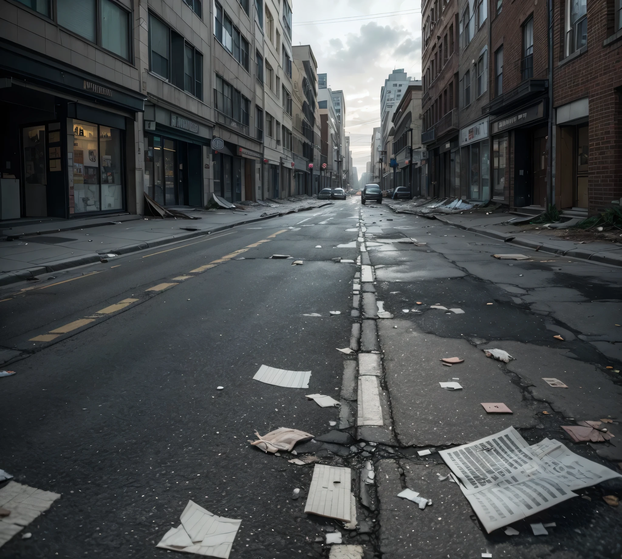 ((best qualityer)), (detailded), a central avenue in the center of the image, on the sides tall, modern buildings on the left and right, with some smaller and older houses. On the sidewalks, scattered urban trees, some dry leaves lying around. The avenue is deserted of vehicles, but light skinned zombies, with torn clothes and unkempt appearance, walk slowly down the street and sidewalks. Some zombies approach broken doors and windows of buildings and houses, conveying a climate of abandonment and desolation. The floor is covered in pieces of paper, urban trash and blood stains. The scene is illuminated by a diffused light, like a cloudy day, accentuating the somber mood.