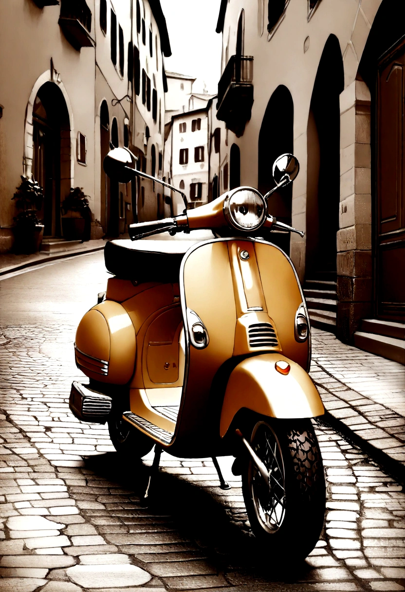 Italian Vespa scooter, elegantly parked on cobblestone street, Sepia Photo, ((realistic, masterpiece, Best Quality, 8K, high resolution:1.3)), photorealistic, (illustration:0.7), extremely fine, extremely detailed CG, Beautiful Vespa details, Old town in Italy, Nostalgic Scene, Girls gather around a Vespa looking like they're having fun,