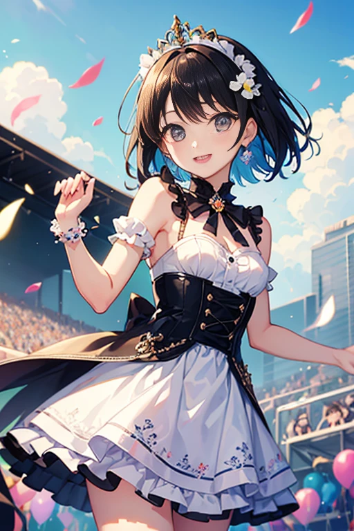 Black Hair、Iris、short hair、Girl、cute、16 years old、Colorful and frilly idol costumes、Fluttering in the wind、Background is the stage、smile、、Small breasts、Small hair ornament、
