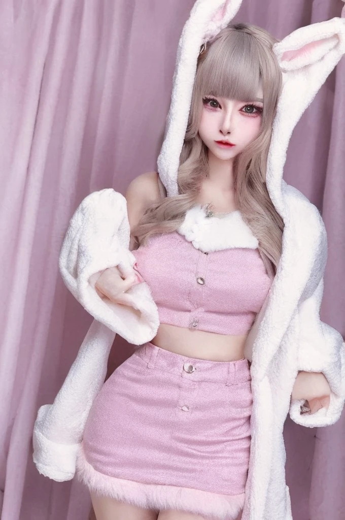 BUNBUN, skirt, Jacket, abdomen, Food, Bunny ears, Leg warmers, Highest quality, masterpiece, figure, Realistic, photo-Realistic, wonderful, In detail, Incredibly absurd, Large file size, Super detailed, High resolution, Highly detailed CG Unity 8k wallpaper, Browsing Caution, A cute face and hairstyle is wearing a pink crop top with a fuzzy white rabbit ear Foodie. The Foodie is open, Revealing the pink crop top underneath. She is also wearing Leg warmers. A woman is standing in a cute room in pink and blue tones. The room is decorated with lots of cute ornaments.、(jirai makeup:1.2)