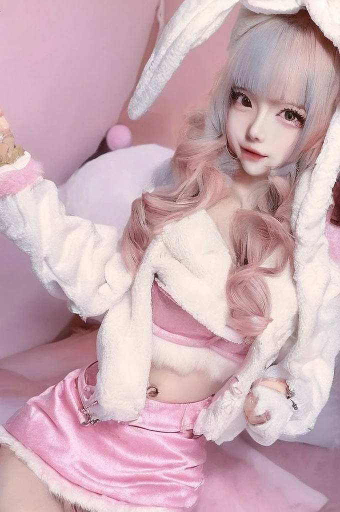 BUNBUN, skirt, Jacket, abdomen, Food, Bunny ears, Leg warmers, Highest quality, masterpiece, figure, Realistic, photo-Realistic, wonderful, In detail, Incredibly absurd, Large file size, Super detailed, High resolution, Highly detailed CG Unity 8k wallpaper, Browsing Caution, A cute face and hairstyle is wearing a pink crop top with a fuzzy white rabbit ear Foodie. The Foodie is open, Revealing the pink crop top underneath. She is also wearing Leg warmers. A woman is standing in a cute room in pink and blue tones. The room is decorated with lots of cute ornaments.、(jirai makeup:1.2)