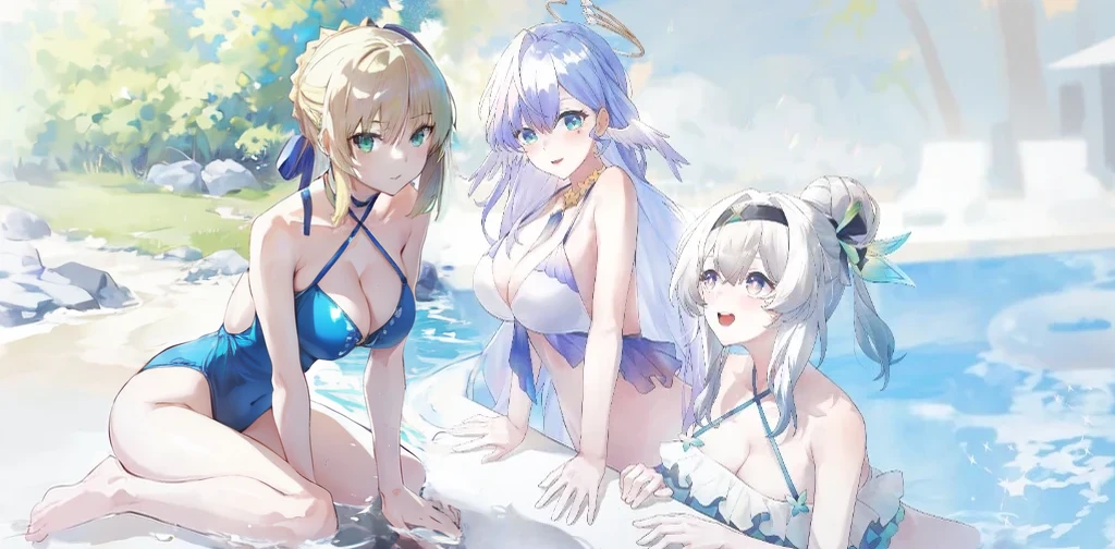 (masterpiece, best quality:1.3), 1girl, seductive ,Artoria Pendragon\(Fate Series\), long hair, cleavage, OUTDOORS,perfect body, ccsaber, blonde hair, green eyes, pointing at viewer,(Swimsuit),pool ball,sitting