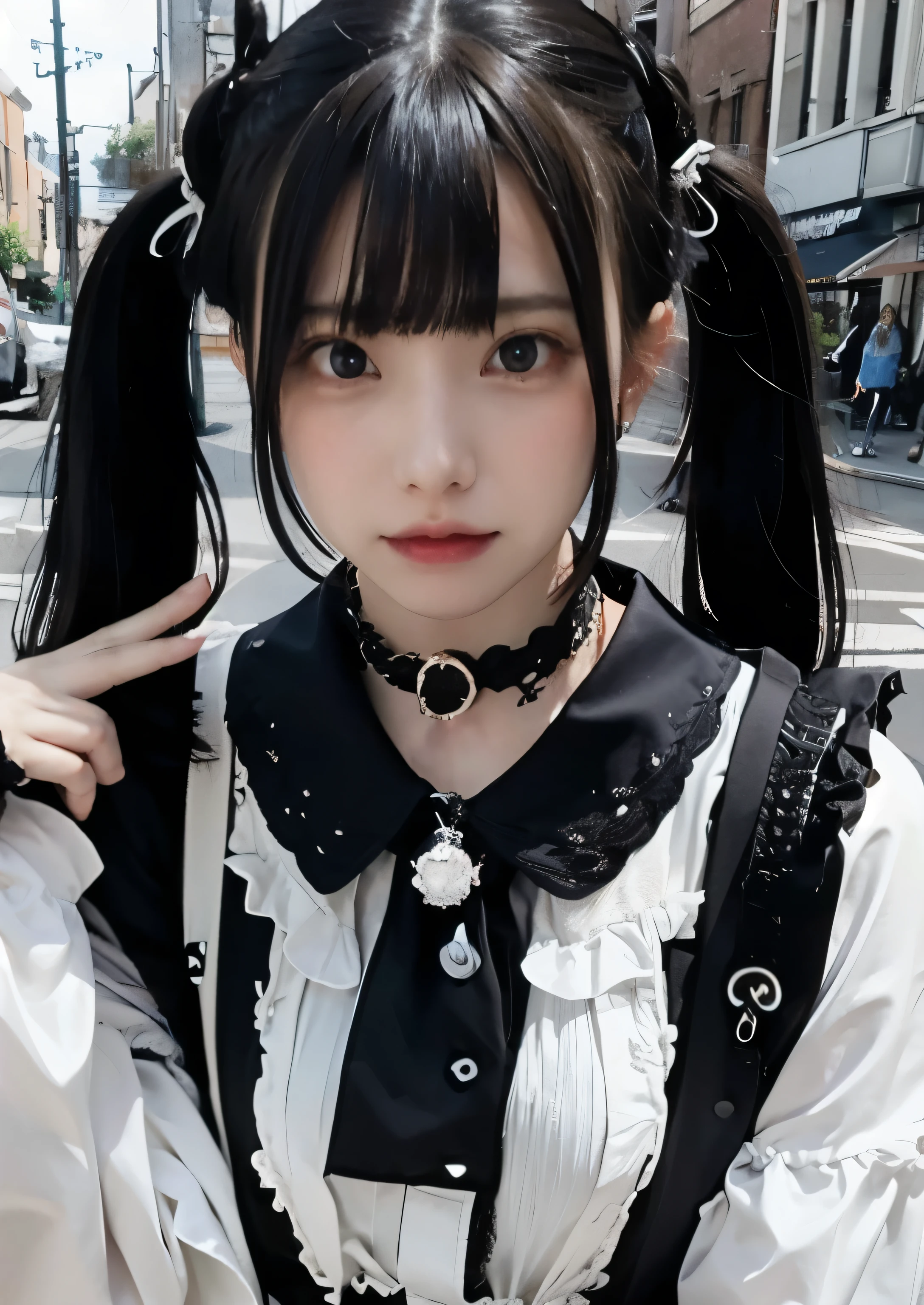 RAW Photos,(8K)、(Highest quality: 1.2)、(Real)、(Real: 1.37)、Ultra-high resolution、 A young woman with her hair in twin tails is looking at the camera。