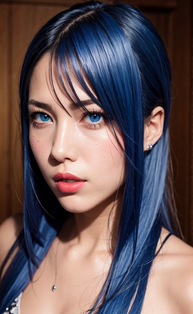 best quality, ultra high res, (photorealistic:1.4), (detailed beautiful girl:1.4), (medium breasts:0.8), looking_at_viewer, Detailed facial details, beautiful detailed eyes,Blue Hair, blue eyes, slender, haunting smile, (makeup:0.3), red lips, highly detailed clothes, (ulzzang-6500-v1.1:0.3)