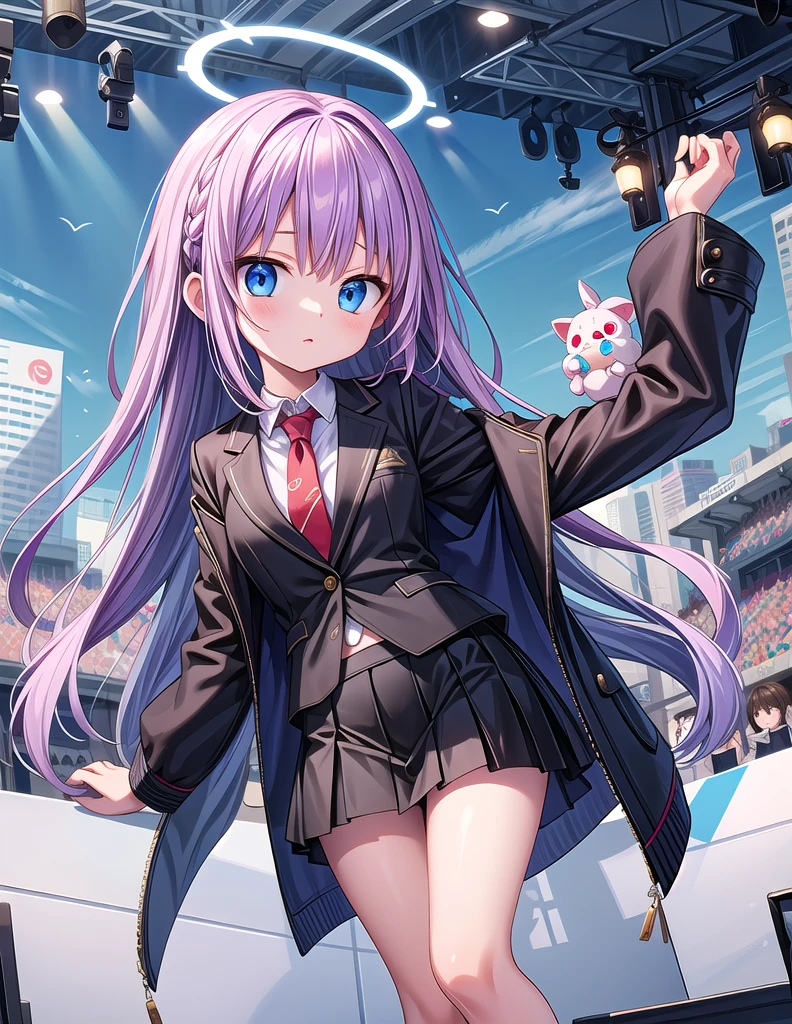 1 Girl,alone,Wear long hair,Looking at the audience,flush,Straight bangs,Blue eyes,skirt,Bring a shirt,Long sleeve,Take off your coat,White shirt,Purple Hair,Hips,lie,tie,mini skirt,黑skirt,Two sides up,Black jacket,Halo,formal,Cross your legs,suit,蓝色tie,ID card,Yucca(Blue Files)