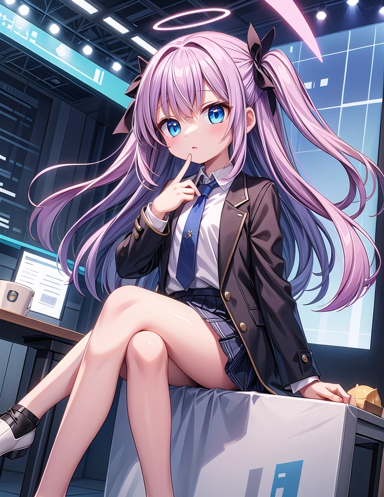 1 Girl,alone,Wear long hair,Looking at the audience,flush,Straight bangs,Blue eyes,skirt,Bring a shirt,Long sleeve,Take off your coat,White shirt,Purple Hair,Hips,lie,tie,mini skirt,黑skirt,Two sides up,Black jacket,Halo,formal,Cross your legs,suit,蓝色tie,ID card,Yucca(Blue Files)