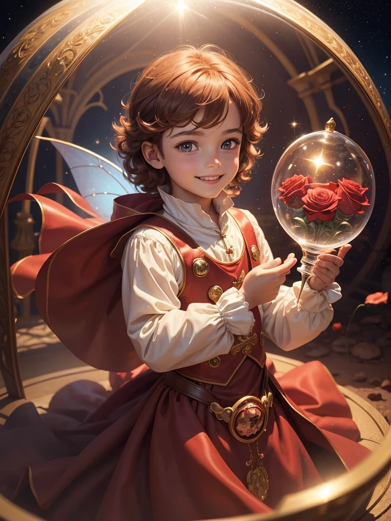 Best picture quality, fairy tale world, young 5 year old boy in prince costume, single red rose, holding glass dome with red rose, happy smile, best smile, very cute boy, amazingly very large round shining eyes, chestnut hair, desert background, image from the story of the prince of the stars,