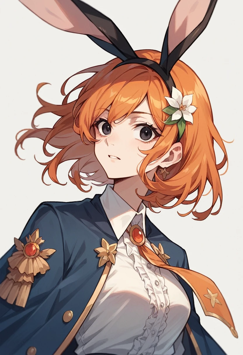 An anime girl with long orange hair, black eyes, and real bunny ears. (Masterpiece) 16 years