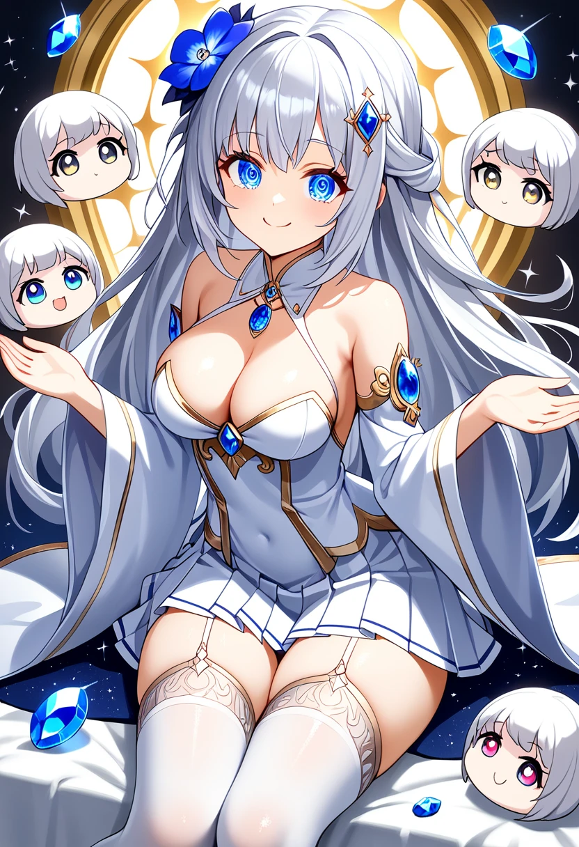 ((Highest quality)), ((masterpiece)), (be familiar with), Perfect Face, Big eyes, Drooping eyes, eyelash, The sparkling light of the eyes, silver hair, gem, white dress, pleated skirt, wide sleeves, white thighhighs, hair flower, (re:NULL), (mini skirt), cleavage, medium breasts, smile, closed mouth