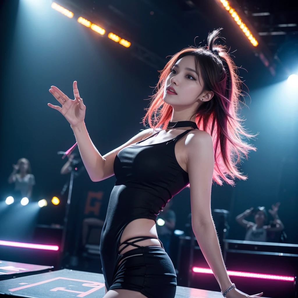 1 girl, (Chinese:1.2), DJ, (20yr old), music, turntable, Earphone, (Colorful hair:0.8), Energetic, self-assured, Party atmosphere, Nightclub, Dance Floor, (Neon lights:1.3), techno music, High energy, (Radiant makeup:0.9), fashionable attire, (Crop top:0.7), (Leather pants:0.6), (Sneakers:0.8), (Tattoos:0.7), Mix beats, (Jumps:1.1), crowd, (Excited expressions:0.9), Fascinating performance, (Vibrant stage lighting:1.2), Intense atmosphere, (Smoke machine:0.8), (Confetti:0.7), (Visual effects:1.1), (Hands in the air:1.3), (Edm:0.9), Energetic posture, (pixel art background:1.4), (Subwoofer:0.8), (DJ booth:1.2), Nightclub venue, (Lighting effects:1.1), (Party crowds:1.3), Electronic dance music. --AR 9:16 --q 1 --v 5.2 --AR 9:16 --Q 1 --Niji 5