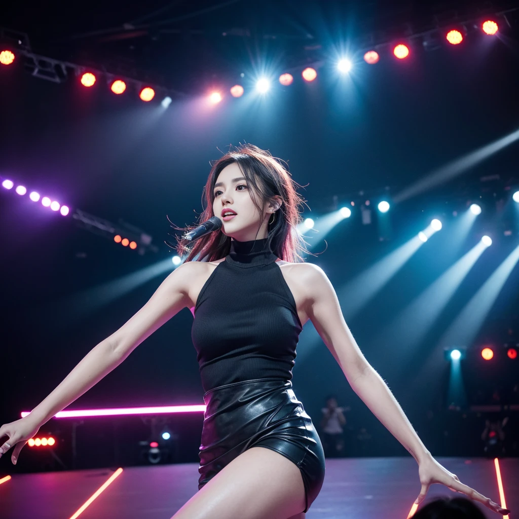 K-pop 3 idols performing on stage, black short tight dresses, song performance, Kpop girl group, riotous atmosphere, stage above the hall, (best quality, 8k, 16k, highres, masterpiece:1.2), ultra-detailed, (realistic, photorealistic, photo-realistic:1.37), professional, (music:1.1, performance:1.1), dynamic lighting, (moving lights:1.1, spotlights:1.1), energetic performance, powerful vocals, enthusiastic audience, dazzling stage effects, high-energy atmosphere, (excitement, adrenaline:1.1), charismatic lead vocalist, flawless stage presence, passionate performance, vibrant stage background, (cheering audience:1.1, waving light sticks:1.1), electrifying atmosphere, captivating stage presence, (explosive, high-intensity:1.1), (pop music, catchy melodies:1.1), crowd interaction, (empowering lyrics, motivational messages:1.1).