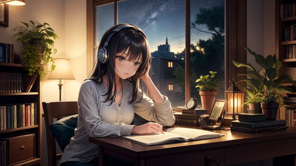 Generate an image of a beautiful girl at night, seated by a window, focused at her desk with headphones on, typing on a PC. The scene should have a gentle anime-like style with an aspect ratio of 16:9. Capture the serene atmosphere of nighttime with soft, ambient lighting from the window. Include subtle details like stars outside and a cozy, softly lit room with books and plants in the background.