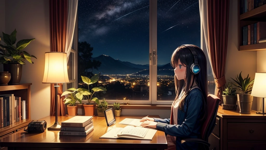 Generate an image of a beautiful girl at night, seated by a window, focused at her desk with headphones on, typing on a PC. The scene should have a gentle anime-like style with an aspect ratio of 16:9. Capture the serene atmosphere of nighttime with soft, ambient lighting from the window. Include subtle details like stars outside and a cozy, softly lit room with books and plants in the background.