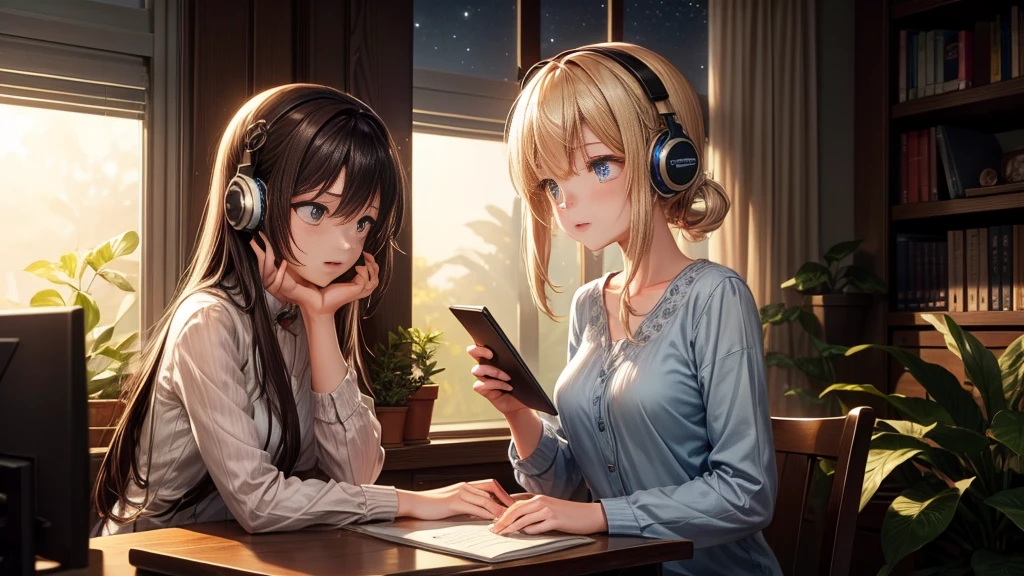 Generate an image of a beautiful girl at night, seated by a window, focused at her desk with headphones on, typing on a PC. The scene should have a gentle anime-like style with an aspect ratio of 16:9. Capture the serene atmosphere of nighttime with soft, ambient lighting from the window. Include subtle details like stars outside and a cozy, softly lit room with books and plants in the background.