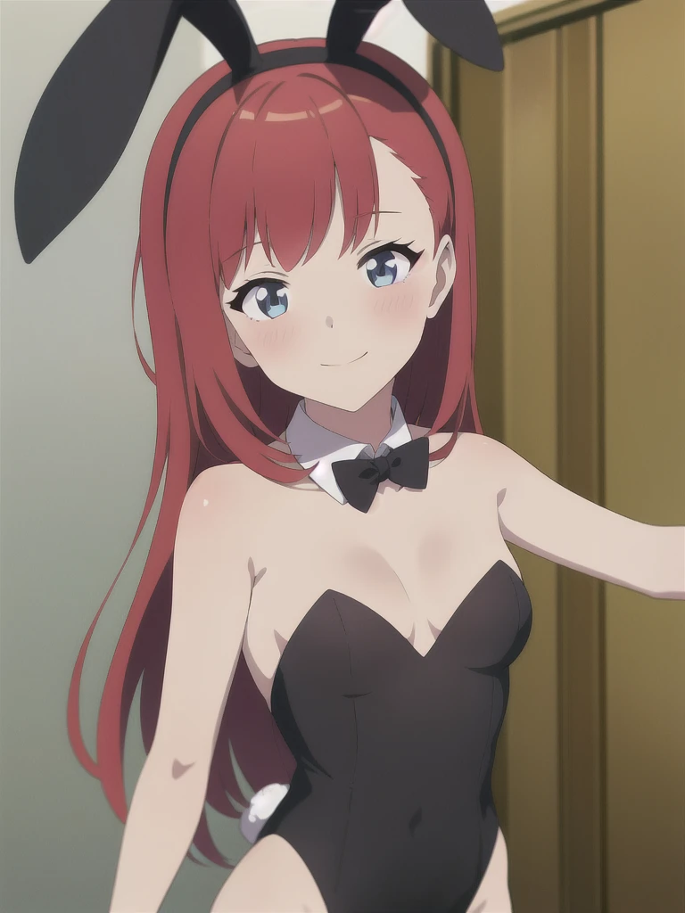 (extremely detailed CG unity 8k wallpaper), (masterpiece), (best quality), (ultra-detailed), (best illustration), (best shadow), (absurdres), 1girl, solo, 1girl, solo, rabbit ears, animal ears, playboy bunny, long hair, wrist cuffs, breasts, smile, detached collar, bowtie, blush, red hair, bow, looking at viewer, fake animal ears, leotard, small breasts, black leotard, cleavage, upper body, black bowtie