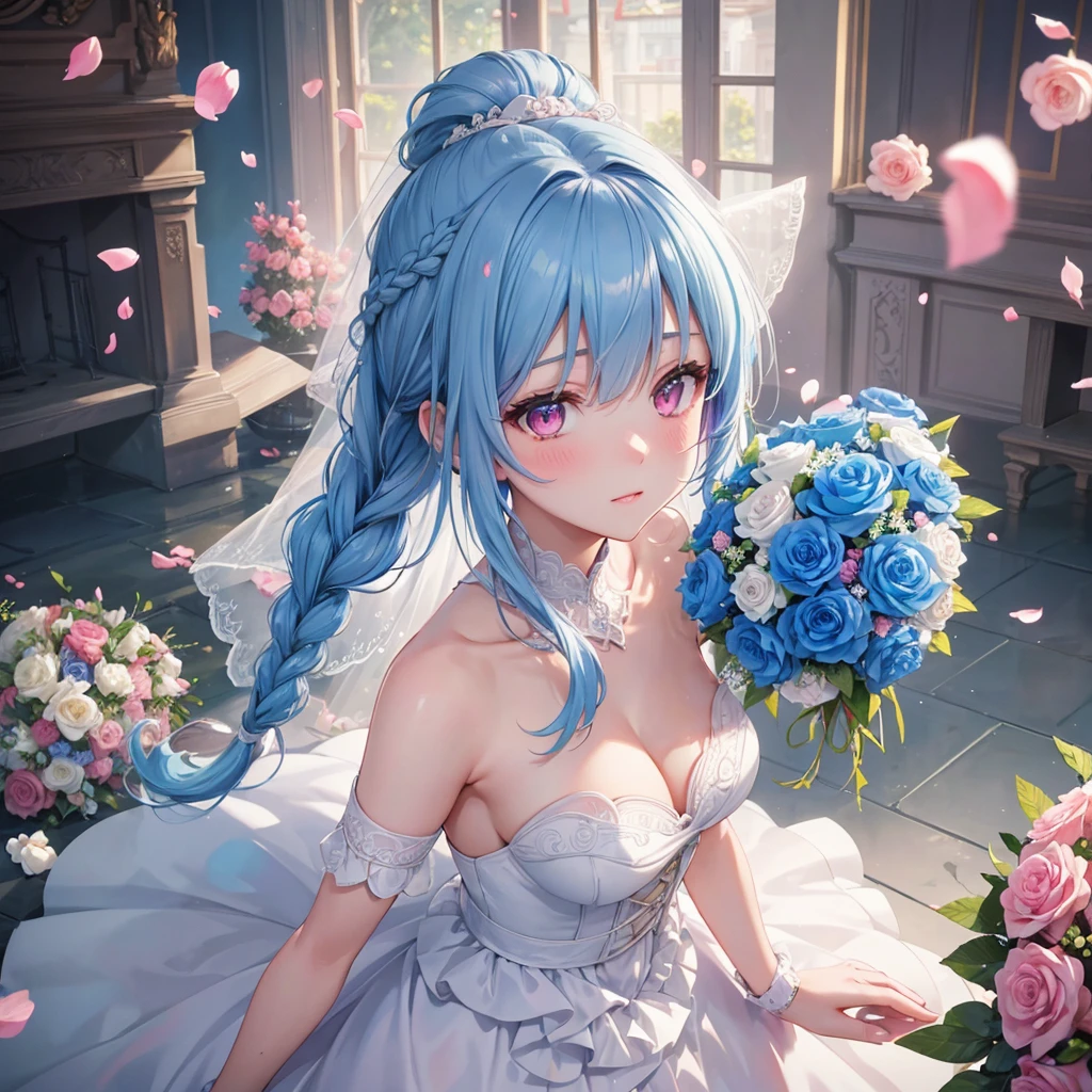 Sky blue hair, (Braided Ponytail),(Pink Eyes),Fair skin ,(whole body),(1 Girl),bride,blush,Straight bangs, 6月のbride,Wedding dress,(masterpiece, Highest quality, Very detailed, Best Shadow), (Detailed Background), (Beautifully detailed face), High Contrast, (Best lighting, Very delicate and beautiful), ((Cinematic Light)), colorful, Hyper Detail, Dramatic Light, Intricate details,Wedding hall,Bouquet of roses