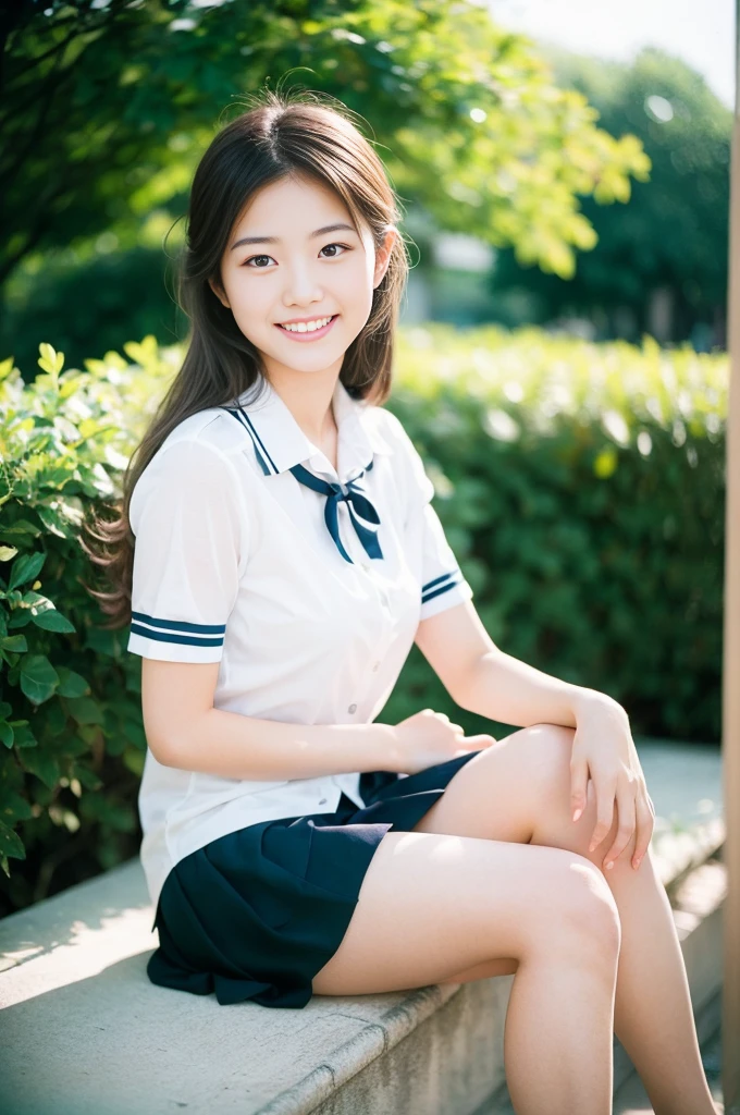 Pure Japanese school girl, wearing uniforms, natural hair styles, pure smile, refreshing in early summer morning sunlight, feeling soft breeze in hair, sitting and relaxing, little bit sexy mood, professional portrait photography, film photography, 35mm negative film, 