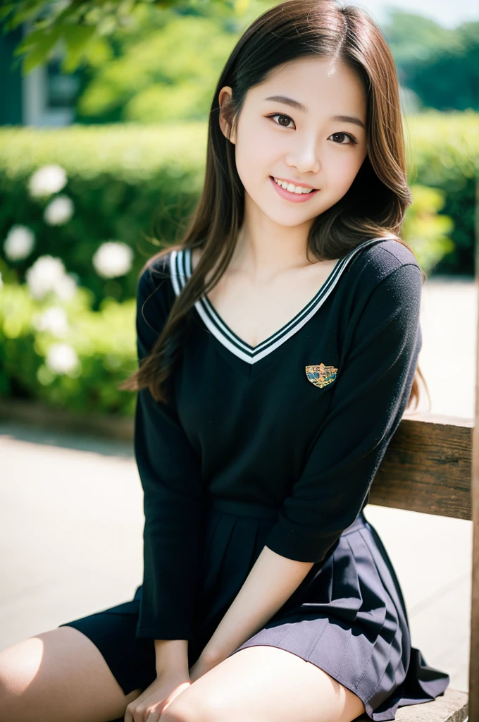 Pure Japanese school girl, wearing uniforms, natural hair styles, pure smile, refreshing in early summer morning sunlight, feeling soft breeze in hair, sitting and relaxing, little bit sexy mood, professional portrait photography, film photography, 35mm negative film,