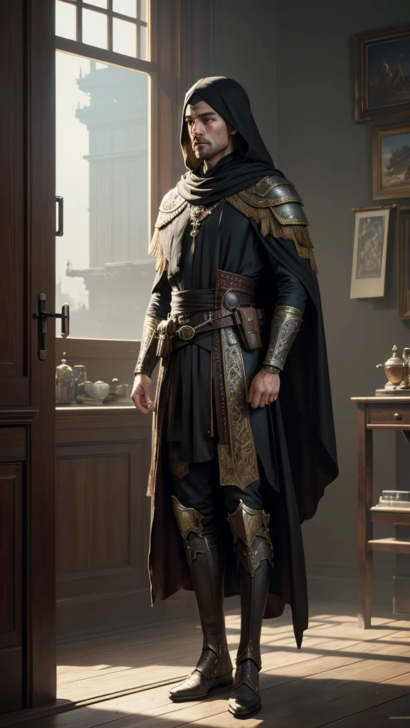 model shoot style, (Extremely detailed CG 8k unity wallpaper), full body photo of the most beautiful work of art in the world, cloak armor, professional majestic oil painting by Ed Blinkey, Atey Ghailan, Studio Ghibli, por Jeremy Mann, Greg Manchess, Antonio Moro, trends on artstation, trends at CGsociety, intricate, high détail, sharp focus, dramatic, photorealistic painting art by midjourney and greg rutkowski