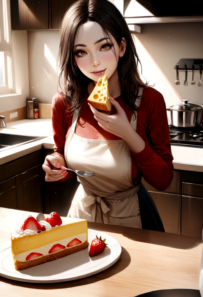 a picture of an a female minotaur eating cheese cake, there is a a female (minotaur: 1.2) dynamic colors, busty  wearing an apron, wearing skirt, sitting in a modern kitchen eating (cheese cake: 1.3) with strawberries and cream, modern kitchen background, ultra best realistic, best details, best quality, 16k, [ultra detailed], masterpiece, best quality, (extremely detailed), ultra wide shot, photorealism, depth of field, hyper realistic sinister smile