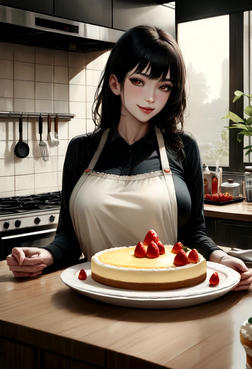 a picture of an a female minotaur eating cheese cake, there is a a female (minotaur: 1.2) dynamic colors, busty  wearing an apron, wearing skirt, sitting in a modern kitchen eating (cheese cake: 1.3) with strawberries and cream, modern kitchen background, ultra best realistic, best details, best quality, 16k, [ultra detailed], masterpiece, best quality, (extremely detailed), ultra wide shot, photorealism, depth of field, hyper realistic sinister smile