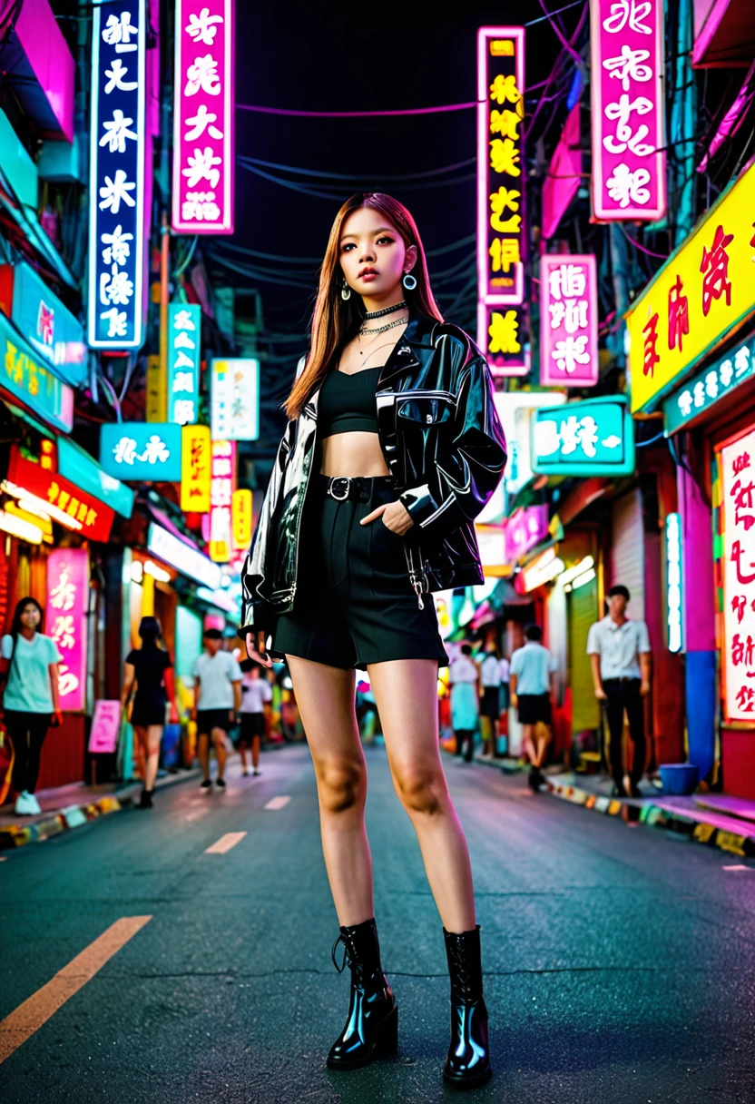 Lisa's blackpink, standing in the middle of the street. striking a cool pose. on the streets of Yaowarat China town in Thailand. on an empty road no people. the background is a road with colourful neon signs. in the night. has a follow light shinning on its body. wide angle photography. bright colors, high contrast. extreme details. street photo