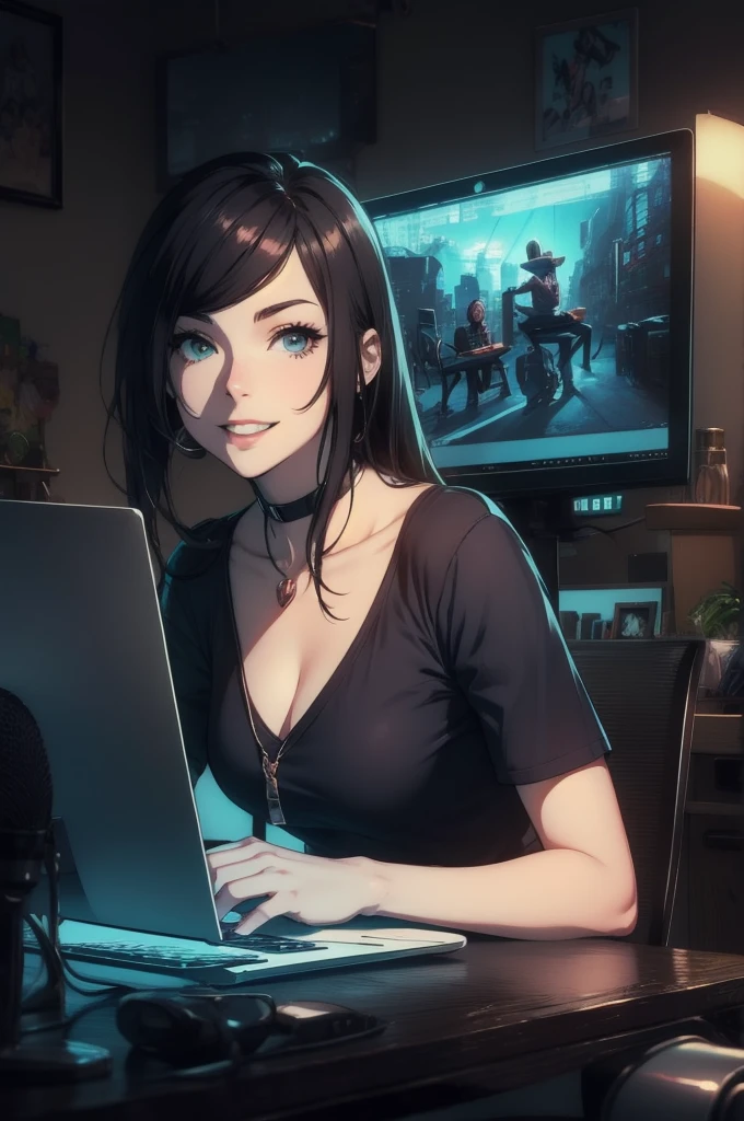 Woman sitting at a desk with a laptop and a microphone, Sit in front of the microphone, Twitch Streamer, Twitch Streamer/Gamer Ludwig, Be interviewed, An accurate portrait, Taking the lead with a smile, H3H3, With a happy expression, Precise Representation, In front of the computer, Trend Art, Shutterstock, Studio shot, Very expressive, Realistic Anime, Drawn,