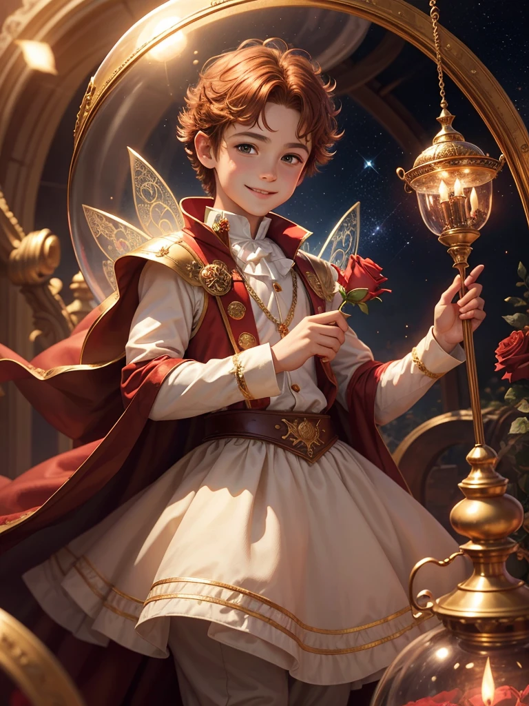 Best picture quality, fairy tale world, young 5 year old boy in prince costume, single red rose, holding glass dome with red rose, happy smile, best smile, very cute boy, amazingly very large round shining eyes, chestnut hair, desert background, image from the story of the prince of the stars,