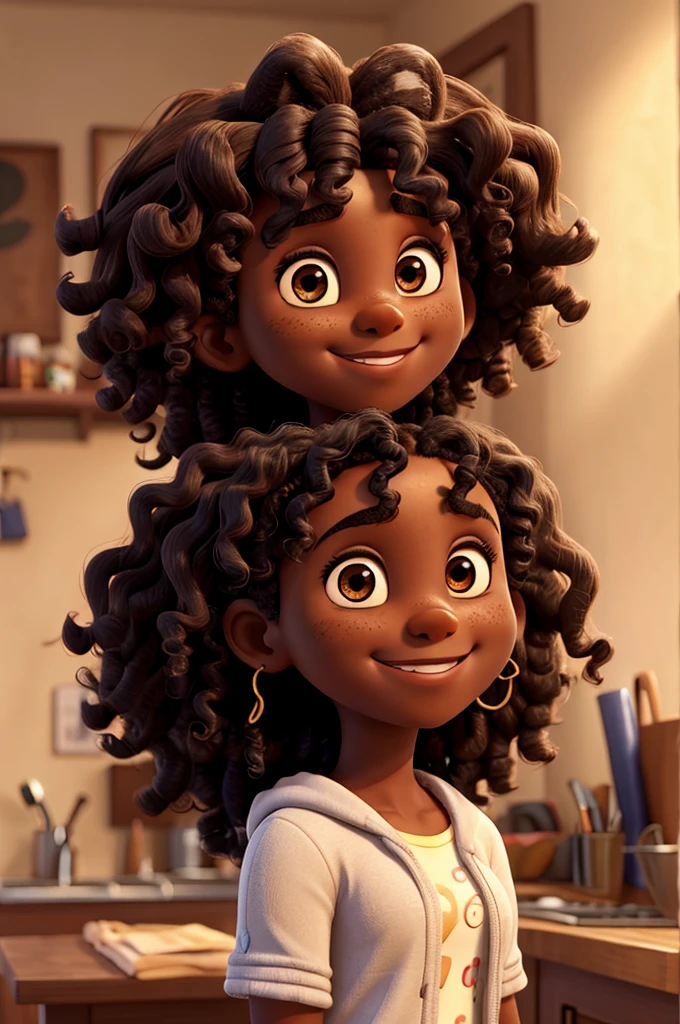 A dark-skinned girl with curly hair smiling and a dimple on her left cheek