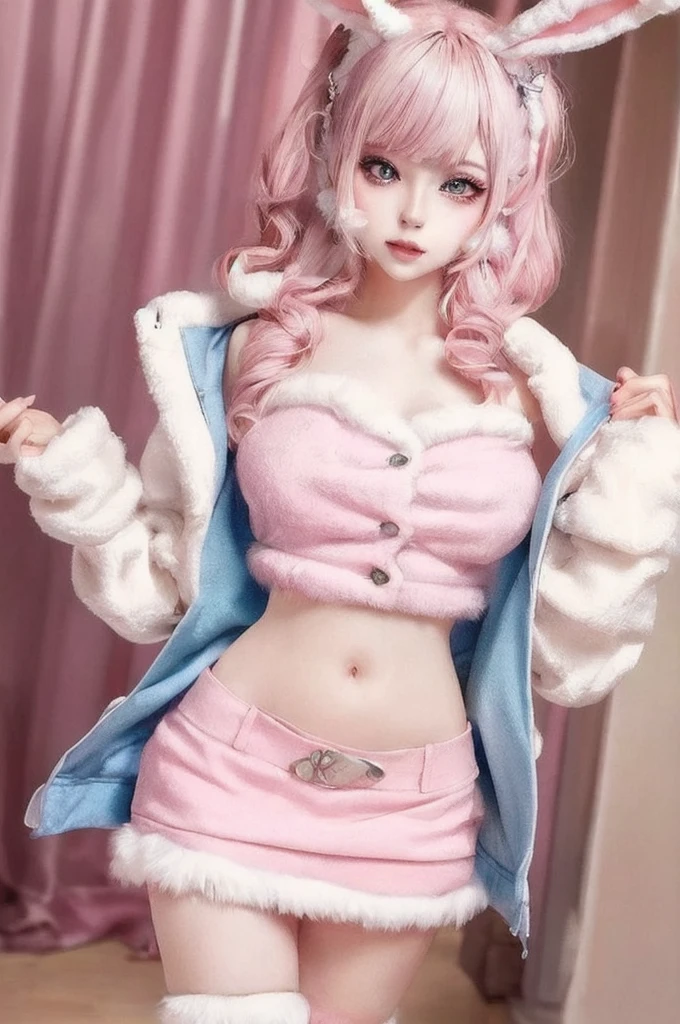 BUNBUN, skirt, Jacket, abdomen, Food, Bunny ears, Leg warmers, Highest quality, masterpiece, figure, Realistic, photo-Realistic, wonderful, In detail, Incredibly absurd, Large file size, Super detailed, High resolution, Highly detailed CG Unity 8k wallpaper, Browsing Caution, A cute face and hairstyle is wearing a pink crop top with a fuzzy white rabbit ear Foodie. The Foodie is open, Revealing the pink crop top underneath. She is also wearing Leg warmers. A woman is standing in a cute room in pink and blue tones. The room is decorated with lots of cute ornaments.、(jirai makeup:1.2)