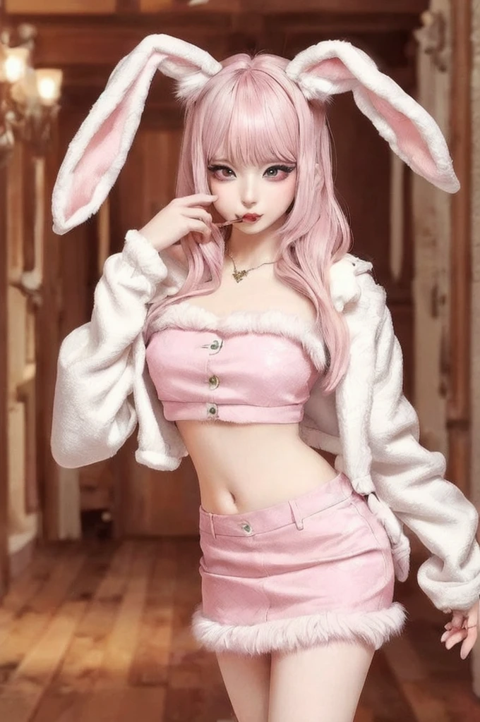 BUNBUN, skirt, Jacket, abdomen, Food, Bunny ears, Leg warmers, Highest quality, masterpiece, figure, Realistic, photo-Realistic, wonderful, In detail, Incredibly absurd, Large file size, Super detailed, High resolution, Highly detailed CG Unity 8k wallpaper, Browsing Caution, A cute face and hairstyle is wearing a pink crop top with a fuzzy white rabbit ear Foodie. The Foodie is open, Revealing the pink crop top underneath. She is also wearing Leg warmers. A woman is standing in a cute room in pink and blue tones. The room is decorated with lots of cute ornaments.、(jirai makeup:1.2)